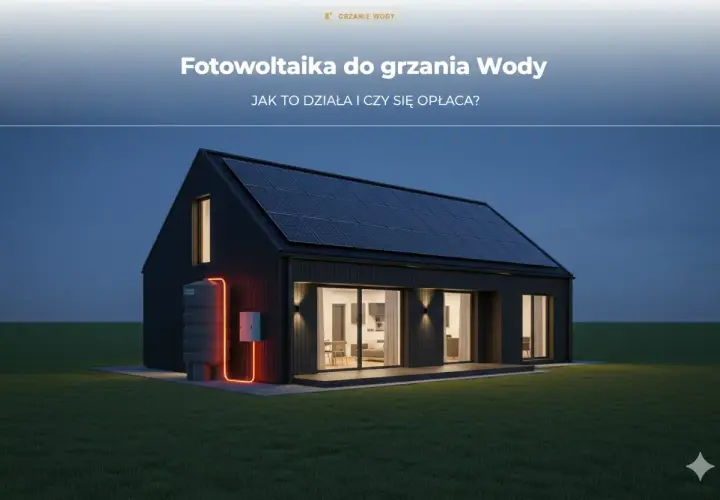 Nowoczesny dom z panelami fotowoltaicznymi na dachu i zasobnikiem ciepłej wody. Fotowoltaika do grzania wody to ekologiczne rozwiązanie.