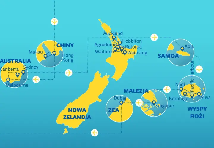 Mapa podróży po Australii, Nowej Zelandii i wyspach Pacyfiku. Zobacz połączenia lotnicze z Chin, Malezji i ZEA do **Oceania**.