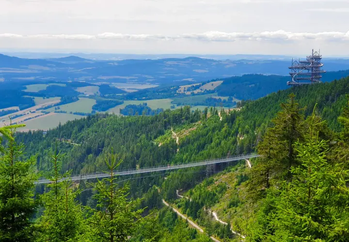 Widok na najdłuższy wiszący most w Europie, otoczony zielonymi lasami i pagórkowatym krajobrazem.