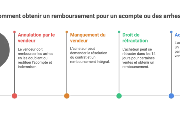 Schéma expliquant comment obtenir un remboursement pour un acompte ou des arrhes, couvrant l'annulation par le vendeur, le manquement du vendeur, le droit de rétractation et l'accord amiable.