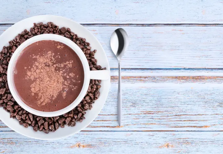 Tazza di cioccolata calda con cacao amaro in polvere e chicchi di cioccolato, su un piatto bianco, accanto a un cucchiaino. Le proprietà del cacao amaro sono note per il benessere.