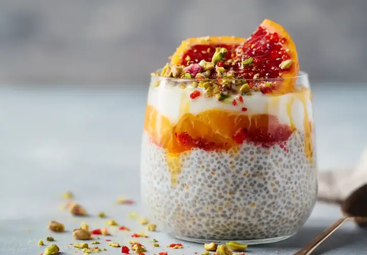 En läcker chiapudding med kvarg, apelsin, blodapelsin och pistagenötter. En perfekt frukost eller mellanmål.