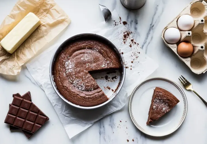 Una torta tenerina al cioccolato, appena sfornata, con ingredienti come burro, uova e cioccolato disposti attorno.