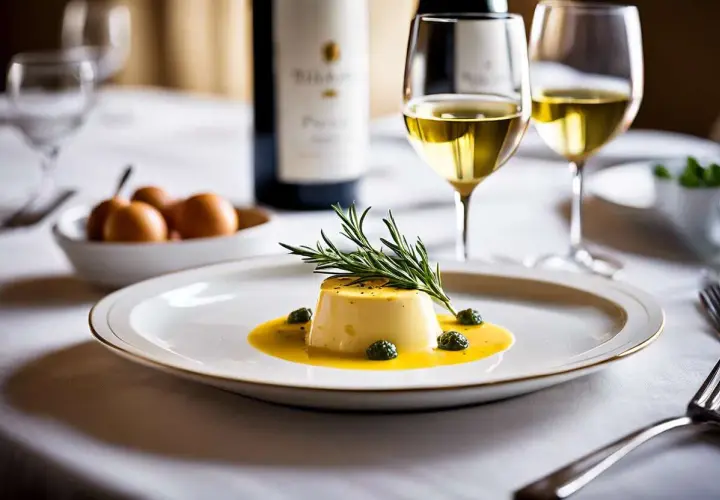 Un délicieux flan jaune, garni de romarin et de petites olives, baigne dans une sauce onctueuse. Un verre de vin blanc et une bouteille complètent cette scène gourmande, évoquant un savoureux vin avec aioli.