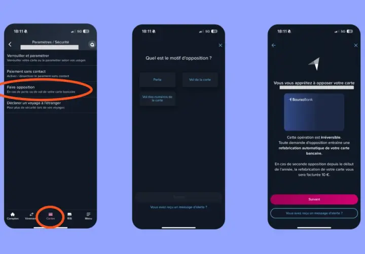 Demande de restitution carte bancaire : l'application mobile permet de faire opposition en cas de perte ou de vol.