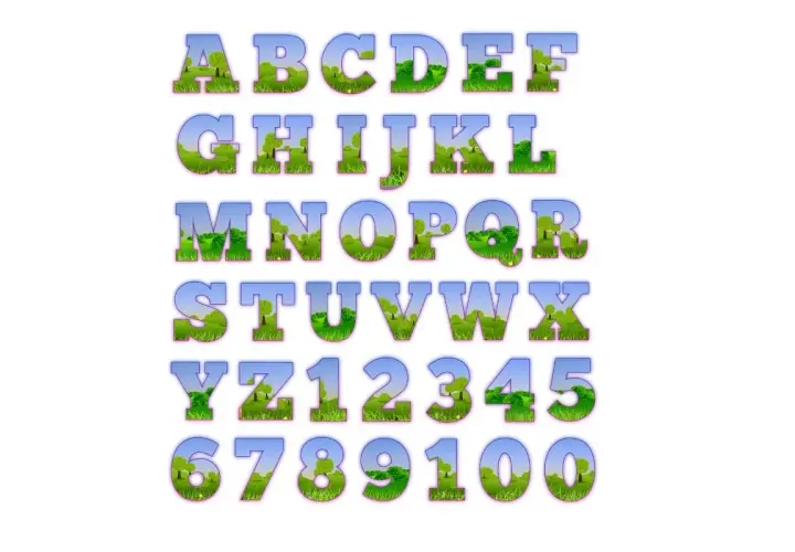 Letras en mayúsculas bonitas con un paisaje verde y cielo azul en su interior. El abecedario completo y los números del 0 al 9.