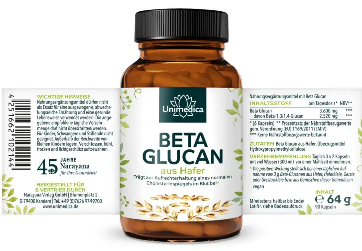 Braune Dose mit Unimedica Beta Glucan Kapseln aus Hafer. Enthält 64g, 90 Kapseln. Gut für den Cholesterinspiegel.