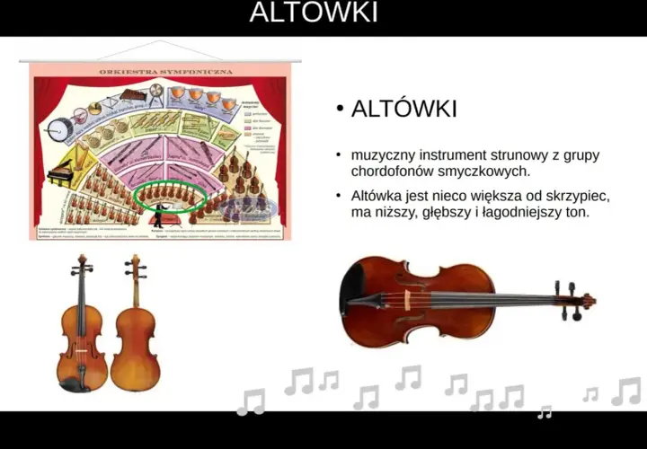 Na schemacie orkiestry symfonicznej zaznaczono altówki. Instrument ten jest większy od skrzypiec, co to jest orkiestra symfoniczna.