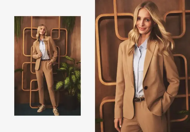 Elegancka stylizacja: jakie spodnie do beżowej marynarki? Modelka prezentuje komplet w odcieniu camel, idealny na co dzień i do pracy.