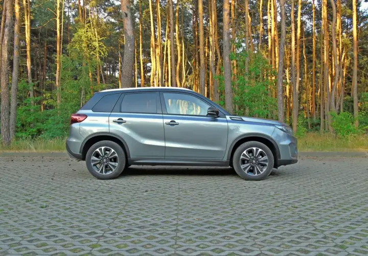 Szary Suzuki Vitara 2023 zaparkowany na tle sosnowego lasu.