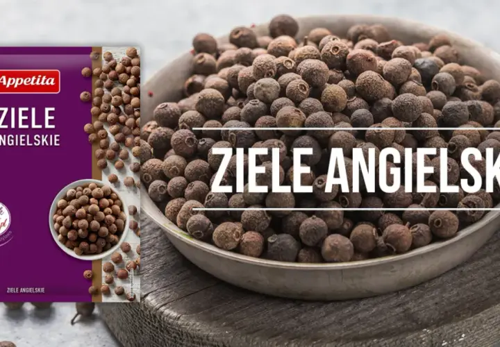 Ziele angielskie dodawane do ciemnego mięsa wydobywa jego głęboki aromat. Opakowanie przyprawy i miska pełna ziaren.