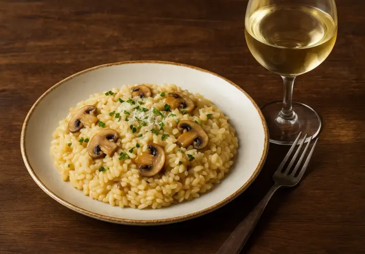 Pyszne risotto z grzybami i kieliszek białego wina. Idealne pytanie: jakie wino do risotto?