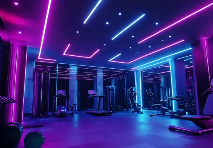 Nowoczesne oświetlenie sali gimnastycznej w neonowych barwach różu i błękitu tworzy futurystyczną atmosferę.