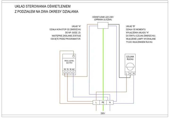 Schemat podłączenia czujnika ruchu do lampy ulicznej LED 230V. Układ sterowania oświetleniem z dwoma okresami działania.