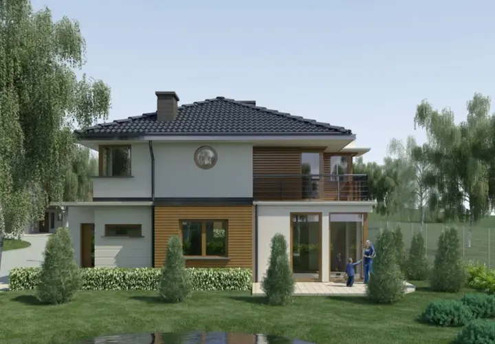 Nowoczesny dom z drewnianymi elementami, otoczony zielenią. W oddali widać brzozowa aleja, a na tarasie bawią się dzieci.