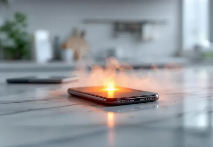 Telefon się nagrzewa, wydobywa się z niego dym i jasne światło.