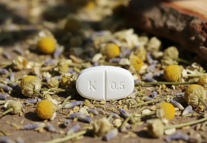 Biała tabletka z oznaczeniem "K 0.5" leży wśród suszonych kwiatów rumianku i lawendy. To może być clonazepam, lek na uspokojenie.