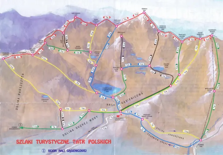 Mapa szlaków turystycznych w Tatrach Wysokich, z zaznaczonymi trasami i czasami przejść.