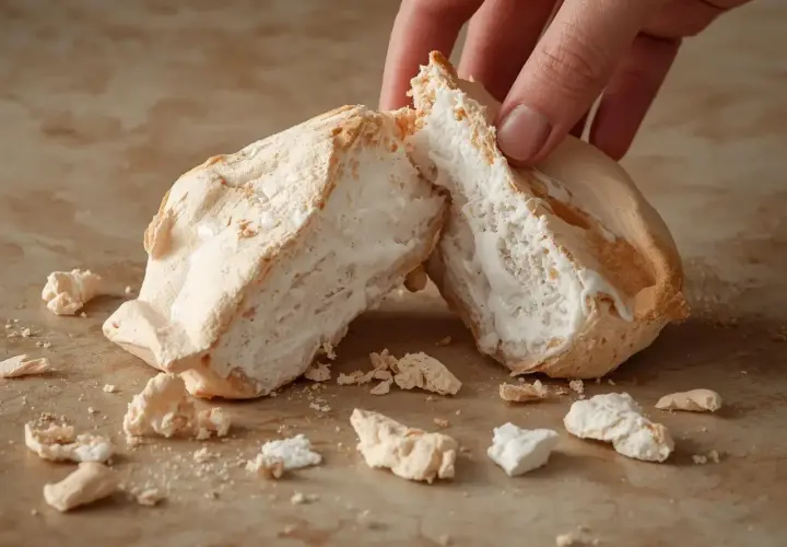 Une main casse une meringue aérienne, parfaite pour une recette meringue. Des miettes tombent sur le plan de travail.