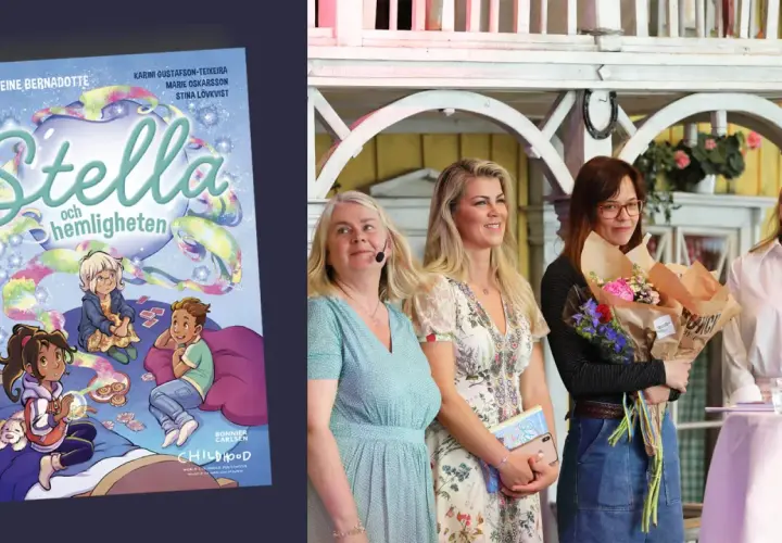 Boken "Stella och hemligheten" visas bredvid tre kvinnor, varav en håller blommor. En berättelse om begravda hemligheter.