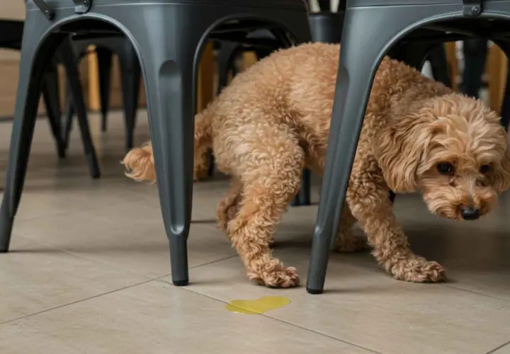 Un perrito marrón, bajo una silla, deja un charco amarillo. ¿Por qué marcan los perros a las personas? Quizás por miedo o para sentirse seguros.