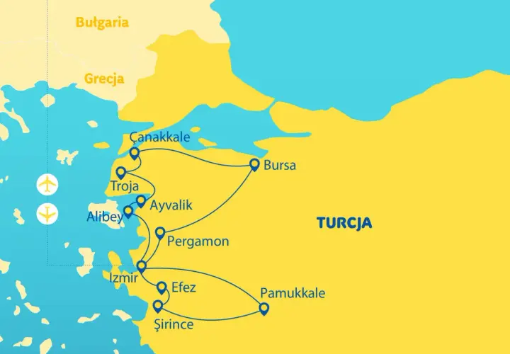 Mapa pokazuje, gdzie leży Morze Egejskie, z zaznaczonymi miastami w Grecji i Turcji, takimi jak Troja, Izmir i Efes.