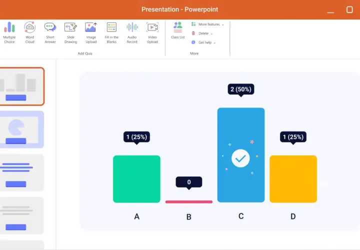 Wykres słupkowy w prezentacji PowerPoint pokazuje wyniki ankiety. Jakie rozszerzenie ma powerpoint? .pptx.