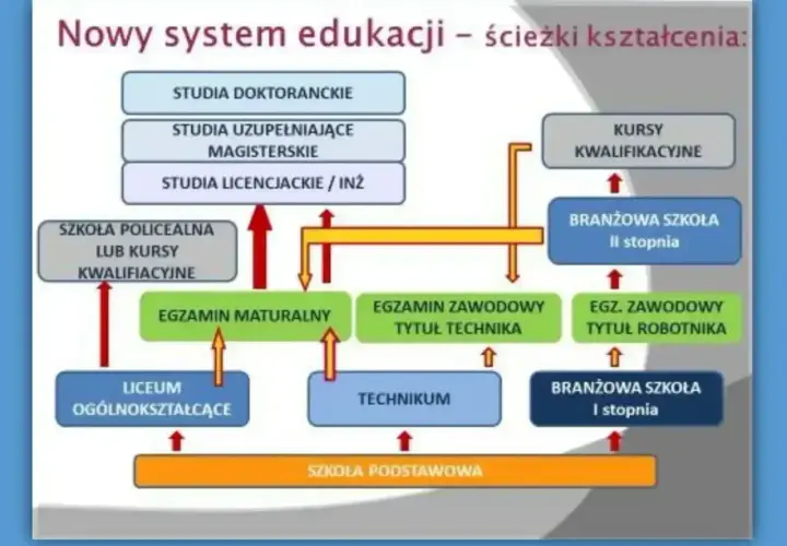 Schemat ścieżek kształcenia po szkole podstawowej: liceum, technikum, branżowa szkoła I stopnia. Dalej egzaminy, szkoły policealne, kursy, branżowa szkoła II stopnia, studia. Wykształcenie średnie to podstawa.