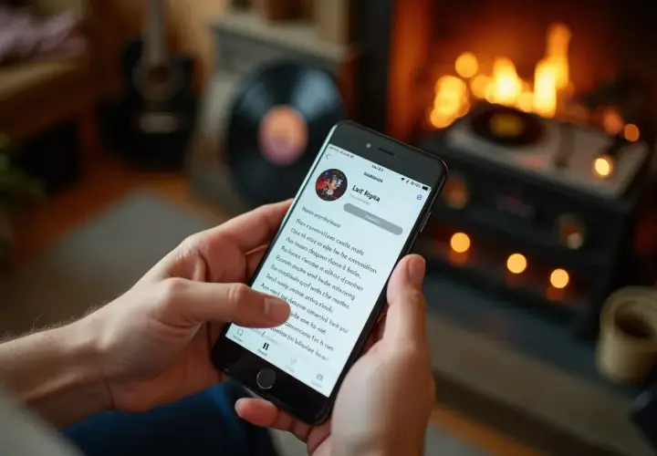 Ręce trzymają smartfon z tekstem piosenki, próbując ją zidentyfikować. W tle kominek i gramofon.