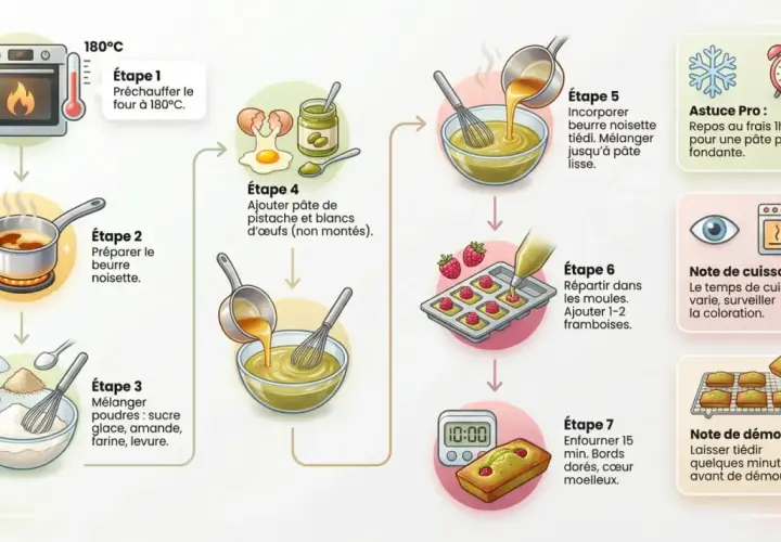 Infographie illustrant les étapes d'une recette de financier : préchauffage du four, préparation du beurre noisette, mélange des poudres, ajout de la pâte de pistache, incorporation du beurre, remplissage des moules avec des framboises, et cuisson.