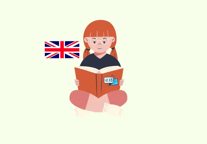 Niña con bandera británica lee un libro sobre verbos regulares.