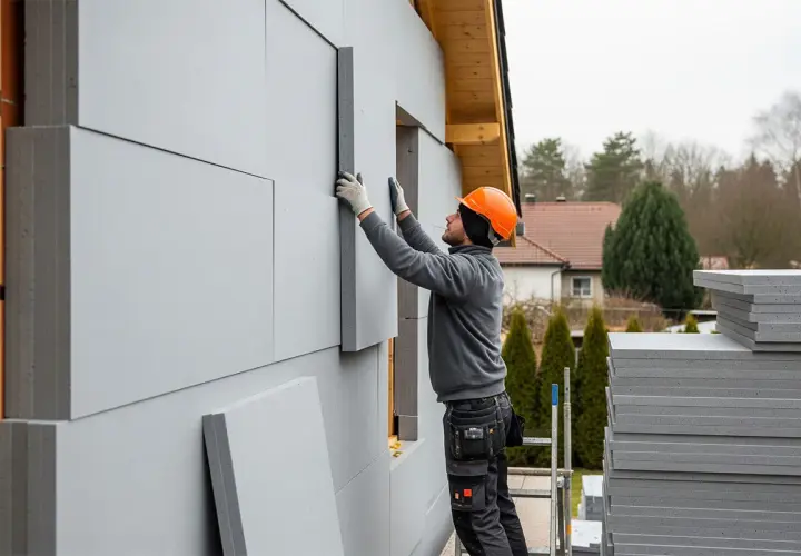 Budowlaniec montuje szarą tarcza listkową na elewacji domu.
