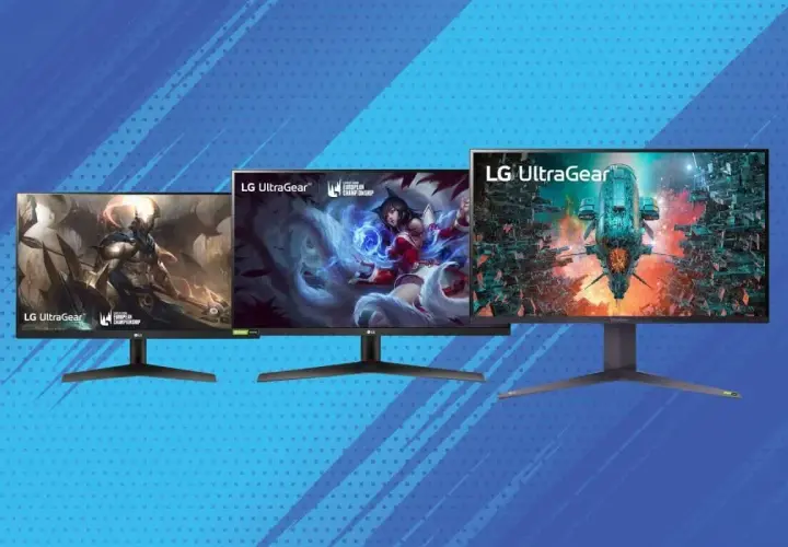Trois écrans LG UltraGear affichent des scènes de jeux vidéo. Le taille écran ordinateur de bureau est idéal pour l'immersion.