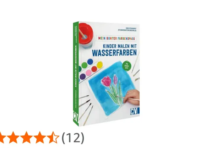 Buchcover mit dem Titel "Kinder malen mit Wasserfarben", zeigt eine bunte Palette und ein Bild von Tulpen. Tolle wasserfarben malen ideen kinder!