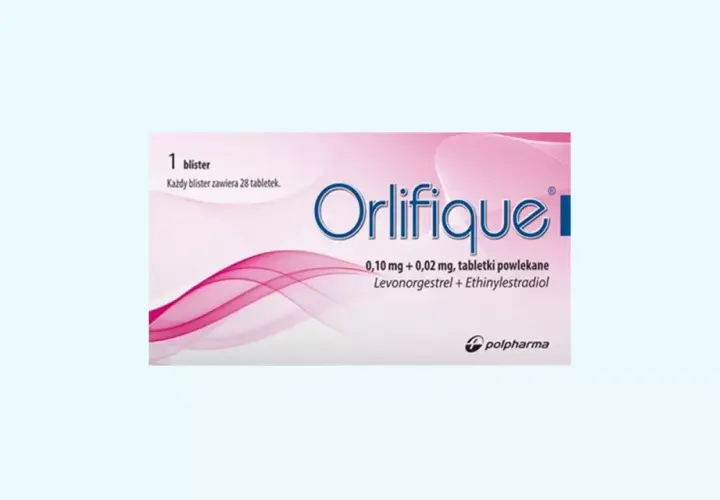 Opakowanie leku Orlifique, zawierające 1 blister z 28 tabletkami powlekanymi.
