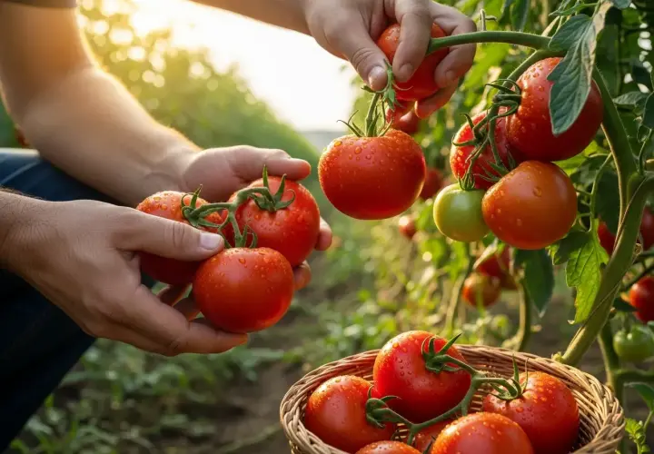 Mani raccolgono succosi pomodori maturi dal terreno argilloso. Un cesto di vimini attende il raccolto.