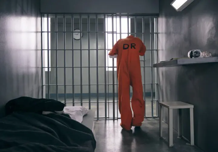 En orange fån-dräkt med texten "DR" hänger i cell 8. Sängen är bäddad, en klocka syns på väggen.