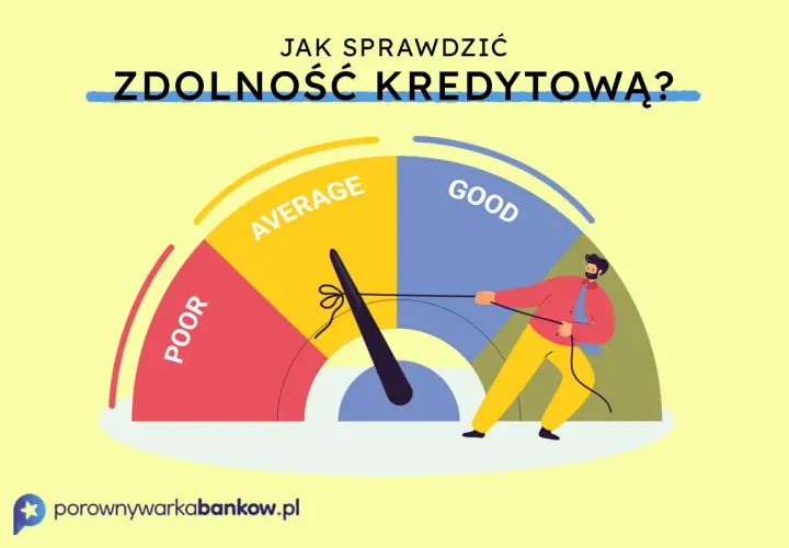 Grafika pokazuje wskaźnik oceniający zdolność kredytową, od "POOR" do "GOOD". Mężczyzna ciągnie za linkę, by poprawić swoją zdolność kredytową na hipotekę.