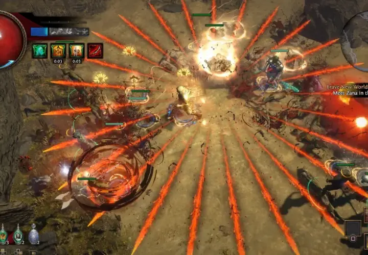 Intensywna walka w Path of Exile na PS4. Postać walczy z hordą wrogów, używając potężnych zaklęć i umiejętności.