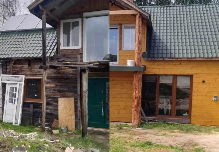 Przed i po remoncie starego drewnianego domu. Widać ogromną przemianę: od zniszczonej elewacji do odnowionego, przytulnego obiektu.