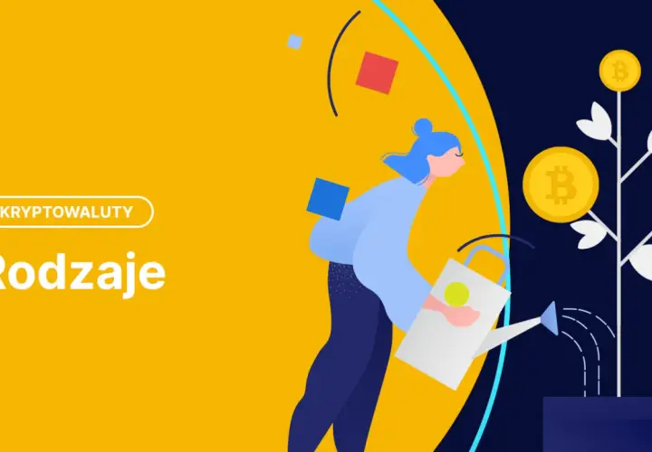 Ilustracja przedstawia kobietę podlewającą drzewko z monetami Bitcoin. Tekst "Kryptowaluty" i "Rodzaje" sugeruje, że chodzi o różne rodzaje kryptowalut.