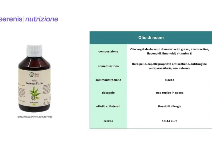 Flacone di Olio di Neem Puro, biologico, con informazioni su composizione, benefici per pelle e capelli, uso esterno e prezzo.