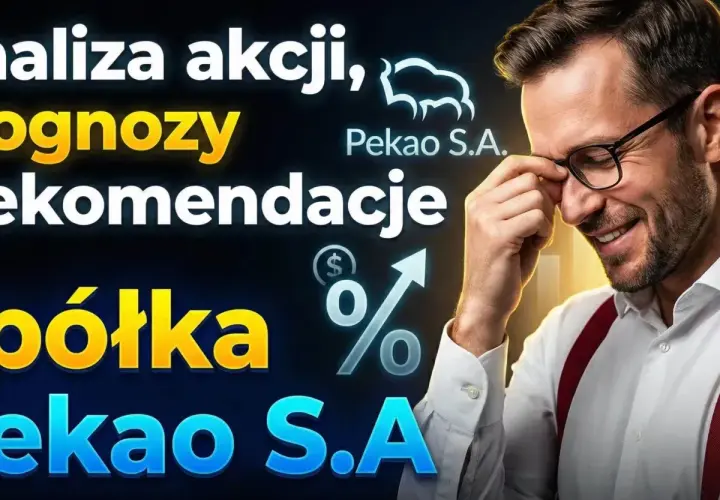 Analizy akcji i prognozy od Pekao S.A. - mężczyzna z okularami uśmiecha się, sugerując sukces.
