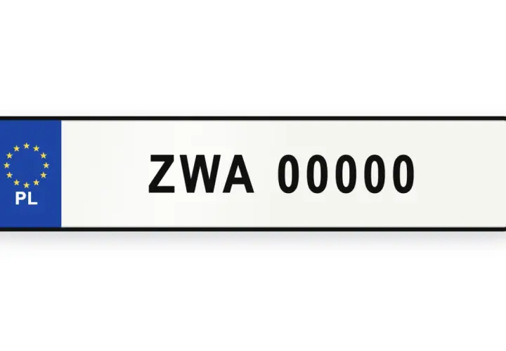 Tablica rejestracyjna z symbolem Unii Europejskiej i oznaczeniem PL. Numer rejestracyjny to ZWA 00000.