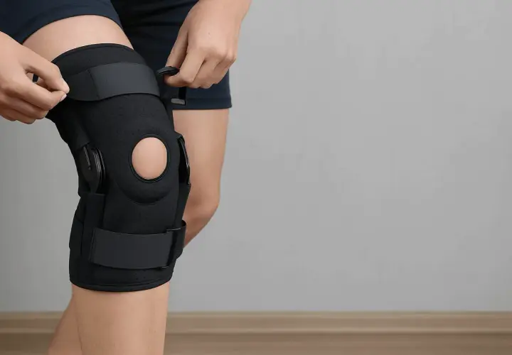 Osoba zakłada stabilizator kolana, zapewniając mu wsparcie i komfort.