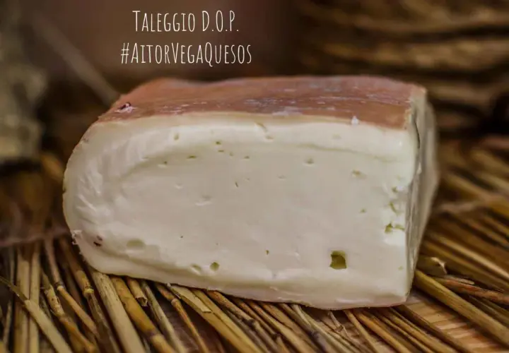 Un trozo de queso Taleggio D.O.P. con corteza rosada y pasta blanca, sobre paja. El queso Taleggio es fuerte y delicioso.