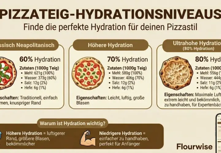 Pizzateig-Hydration: 60-80% Wasser für perfekten Teig. Die richtige pizzateig temperatur beeinflusst die Hydration.