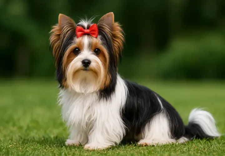 Uroczy Biewer Yorkshire Terrier z czerwoną kokardką na głowie, siedzący na trawie. Idealna waga dla tej rasy to ok. 2-3 kg.