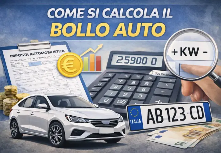 Calcolo bollo auto 2026: auto bianca, calcolatrice, euro, targa e documenti per capire quanto pagare.