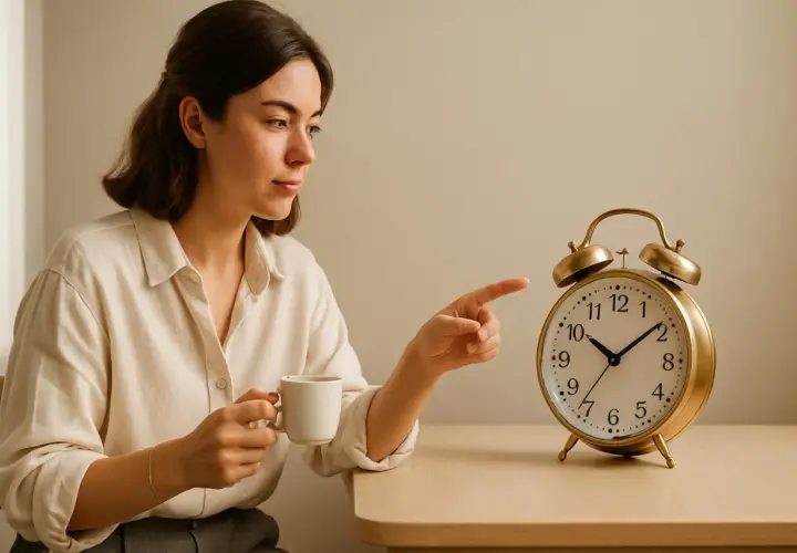 Donna con tazza di caffè indica una sveglia, pensando ai caffeina effetti sul cervello.